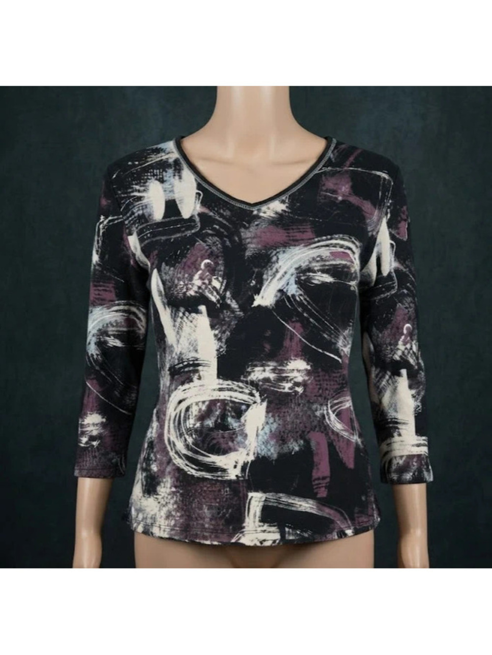 Jess & Jane Abstract Print 3/4 Sleeve Top – Black / Purple / Cream – Size Small